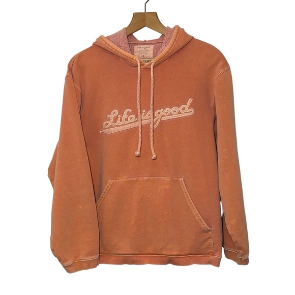 Life Is Good stone washed orange distressed pullover hoodie. Men’s Small - Picture 1 of 9